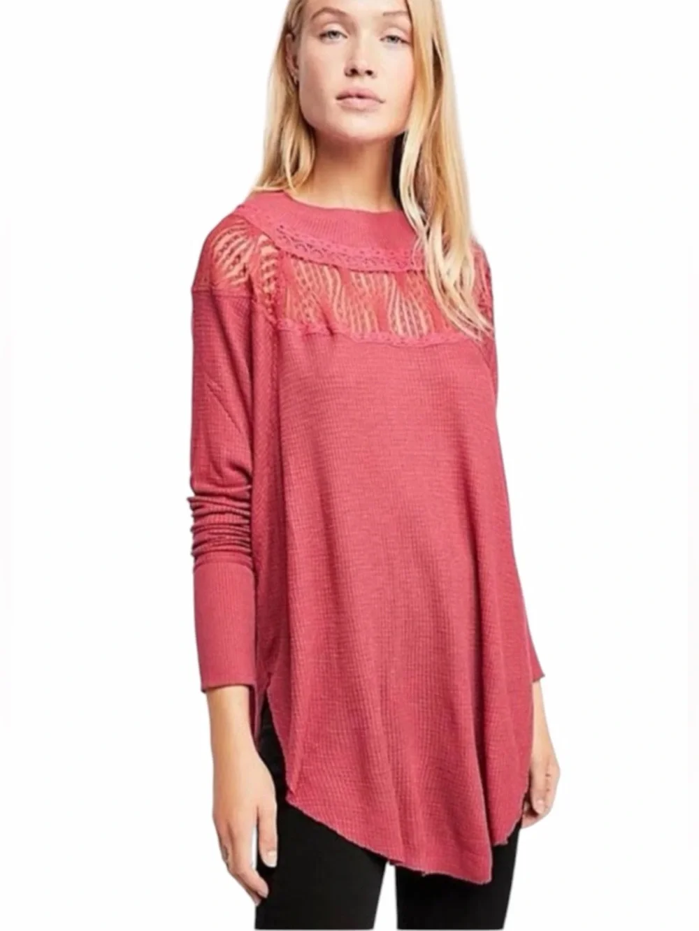Free People Oversized Thermal Tunic Lace Yoke Raw Hem Boho Top